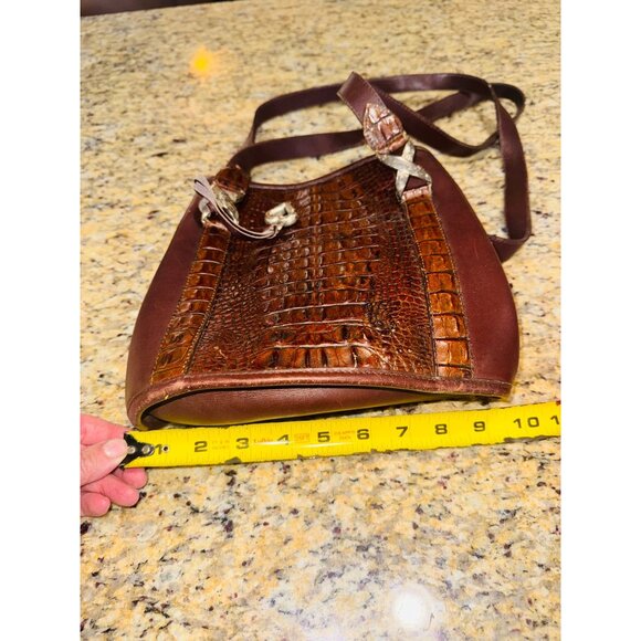 Vintage Brighton Brown Leather Croc Embossed Tote Bag Heart Charm Classic City - Picture 10 of 13